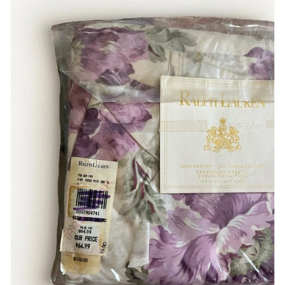 Ralph Lauren Violette Purple Cabbage Rose Floral Queen Flat Sheet Vintage 300 TC